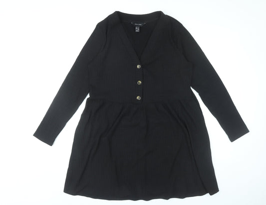 New Look Women’s Black Size 14 Skater Dress Long Sleeve V-Neck
