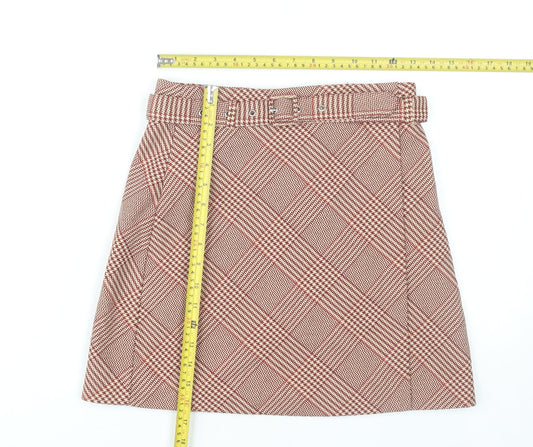 H&M Women’s Red Check A-Line Tweed Skirt UK 8 Knee Length