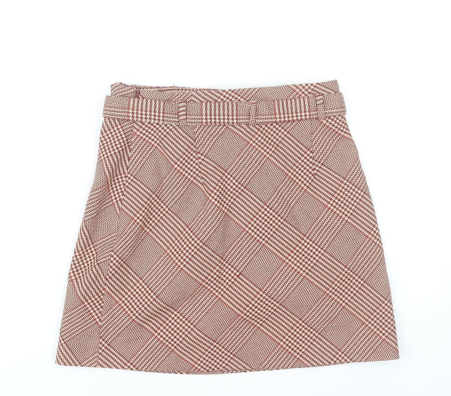 H&M Women’s Red Check A-Line Tweed Skirt UK 8 Knee Length