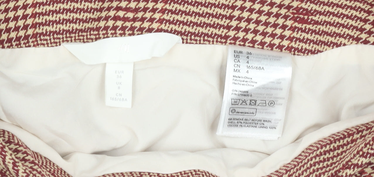 H&M Women’s Red Check A-Line Tweed Skirt UK 8 Knee Length