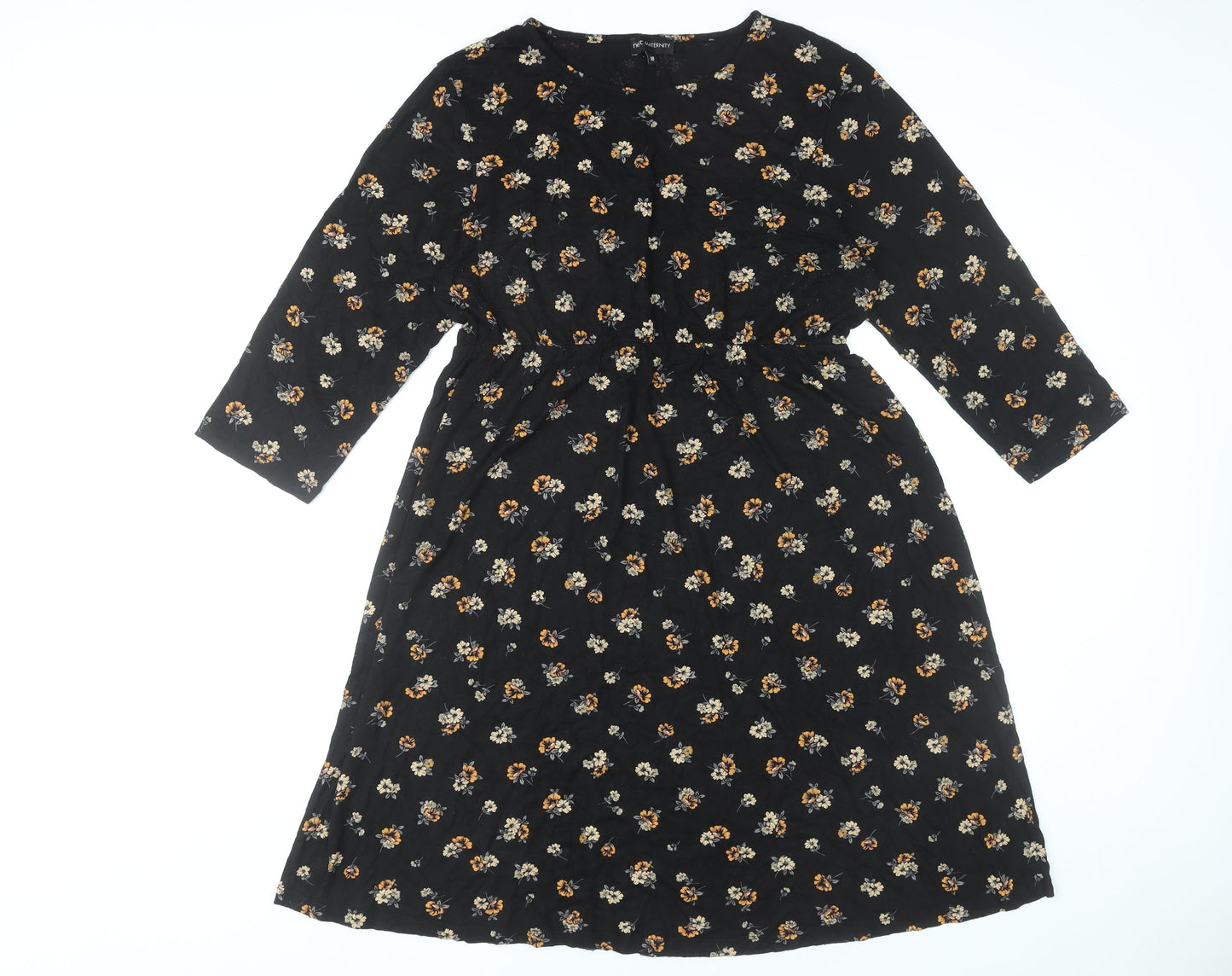 Next Women’s Black Floral Skater Dress Size 18 Knee Length 3/4 Sleeve