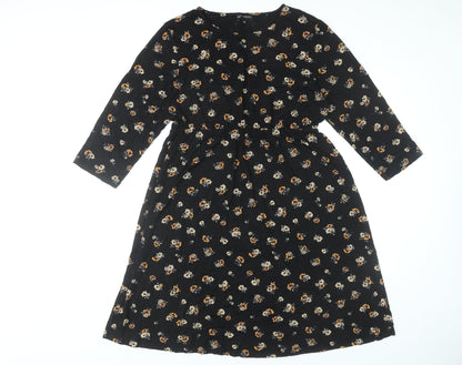 Next Women’s Black Floral Skater Dress Size 18 Knee Length 3/4 Sleeve