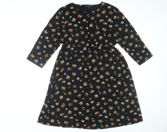 Next Women’s Black Floral Skater Dress Size 18 Knee Length 3/4 Sleeve