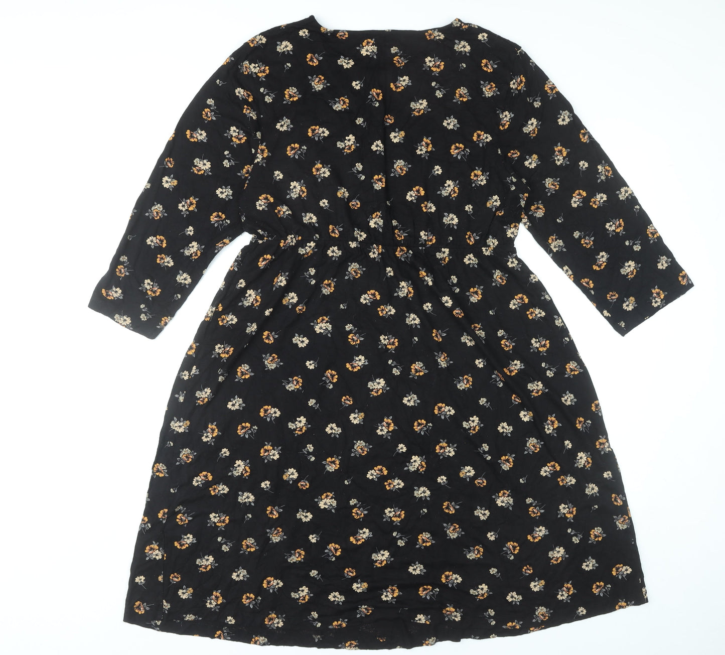 Next Women’s Black Floral Skater Dress Size 18 Knee Length 3/4 Sleeve