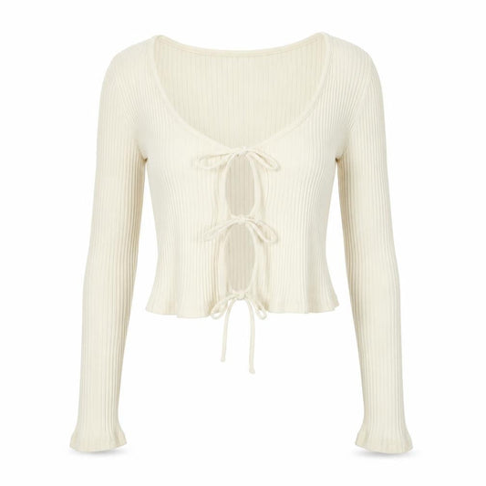 Weekday Womens Ivory Ribbed Cropped Tie Blouse Small