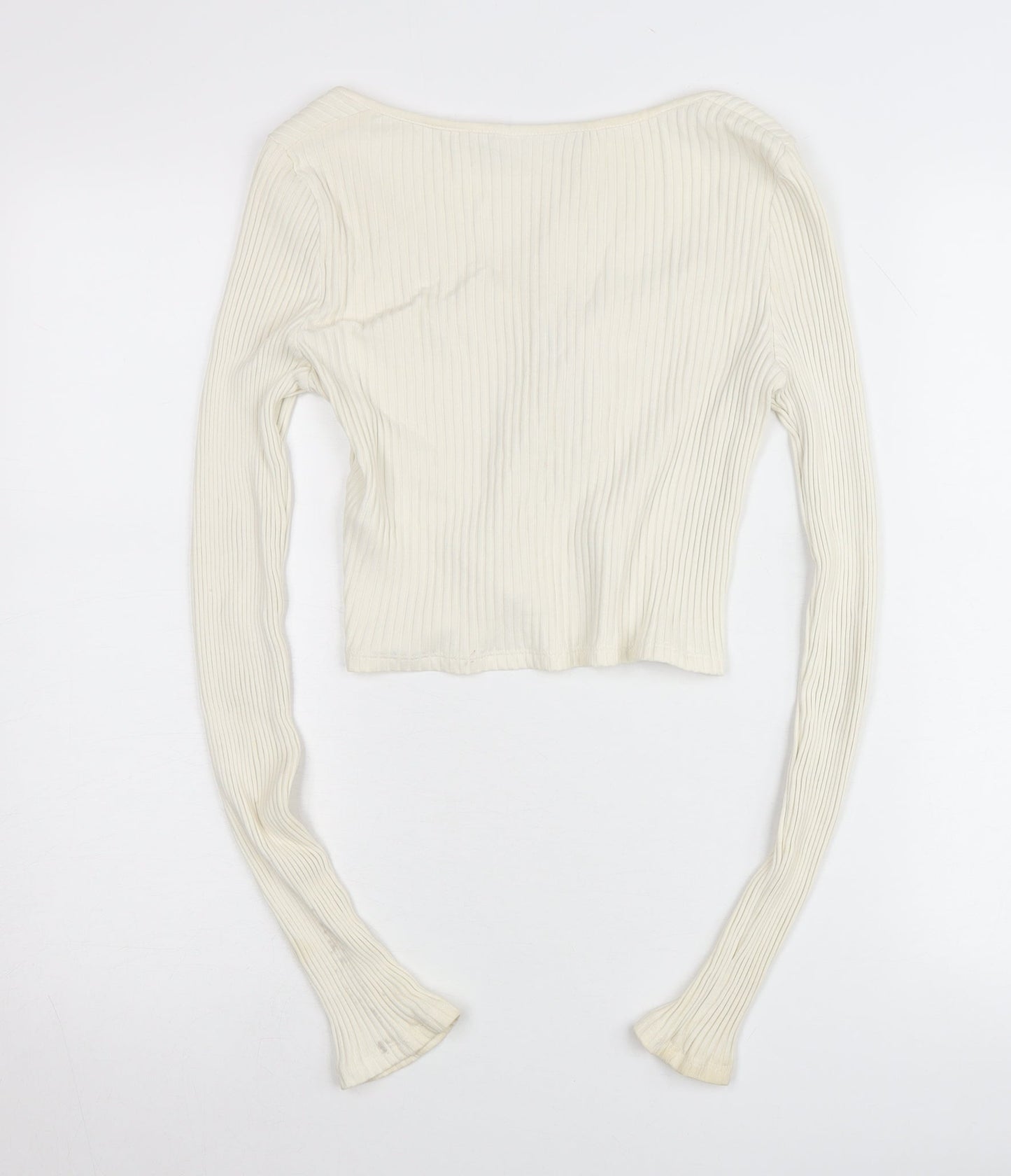 Weekday Womens Ivory Ribbed Cropped Tie Blouse Small