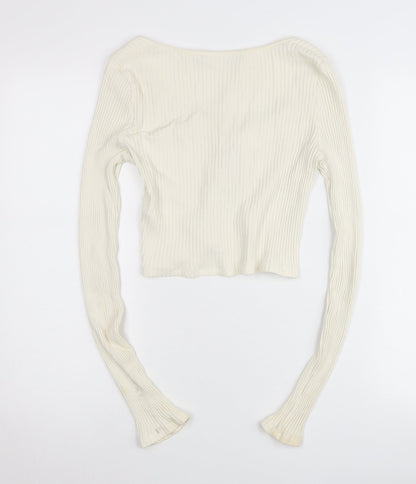 Weekday Womens Ivory Ribbed Cropped Tie Blouse Small
