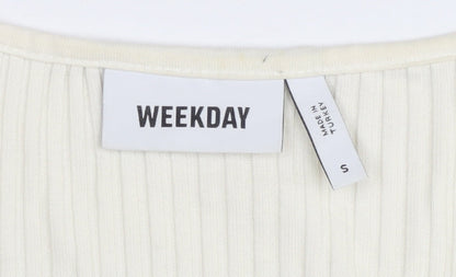 Weekday Womens Ivory Ribbed Cropped Tie Blouse Small