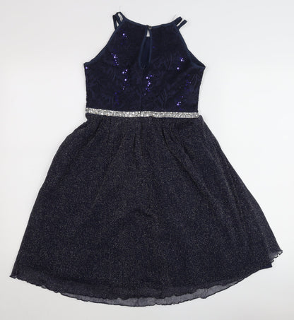 iEFiEL Teens Blue Sequin Fit & Flare Halter Cocktail Dress Size 10