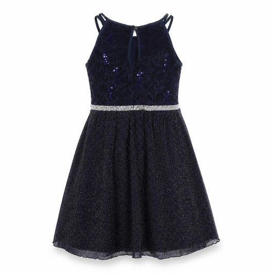 Front view of iEFiEL Teens Blue Sequin Fit & Flare Halter Cocktail Dress, size 10