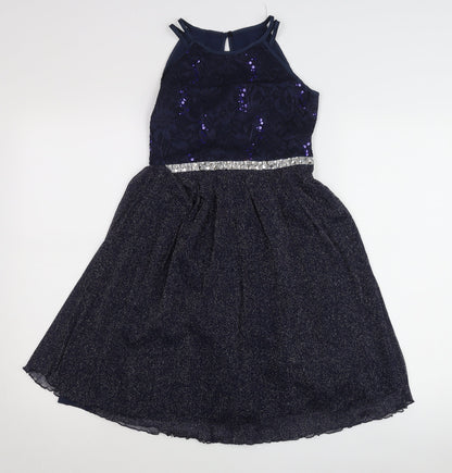 iEFiEL Teens Blue Sequin Fit & Flare Halter Cocktail Dress Size 10