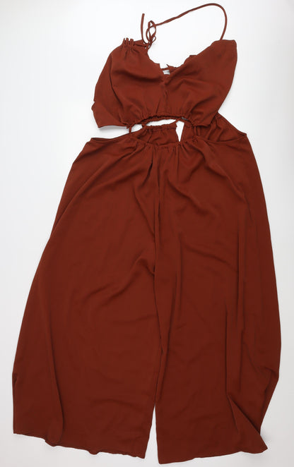 Cider Women Brown XL Sleeveless Wide-Leg Halter Jumpsuit