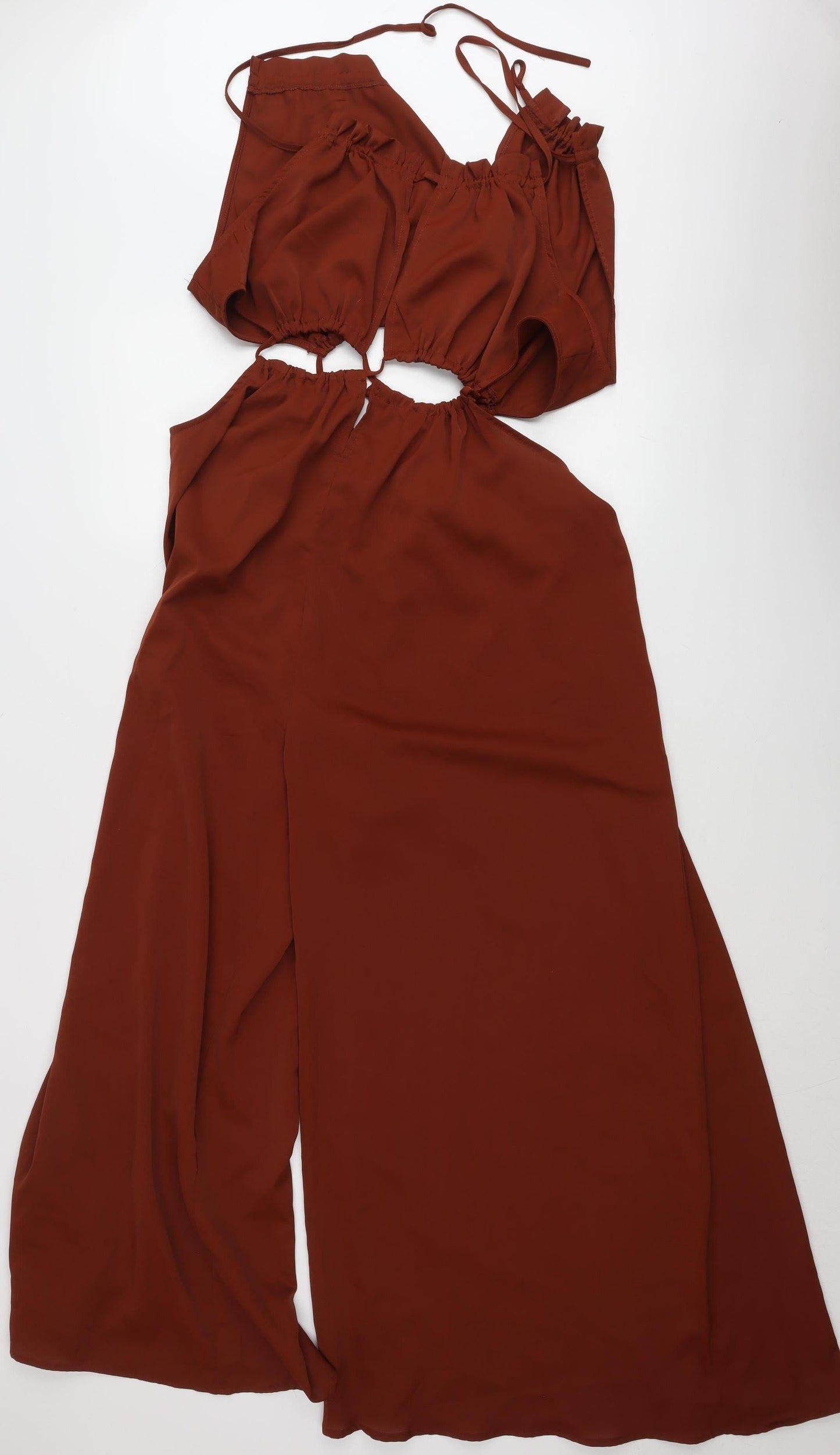 Cider Women Brown XL Sleeveless Wide-Leg Halter Jumpsuit