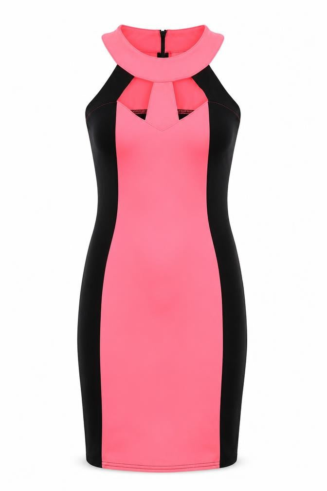 Front view of Be Beau women’s pink black bodycon knee length halter dress, size UK 8