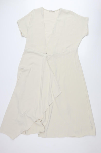 MNG Women’s Beige XS Wrap Midi Dress Short Sleeve V-Neck