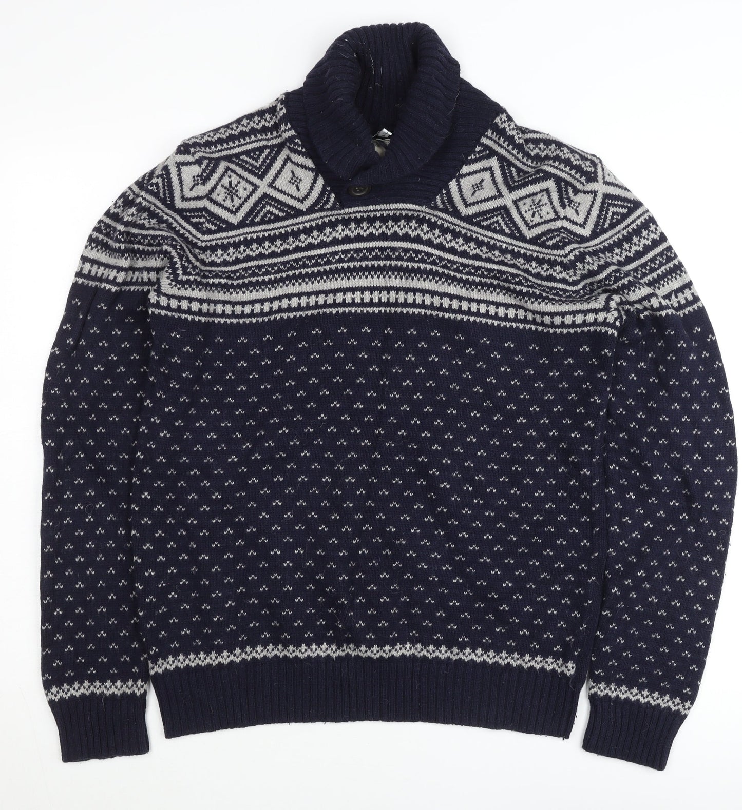 Burton Men's Blue Fair Isle Wool Blend Shawl Pullover Jumper M
