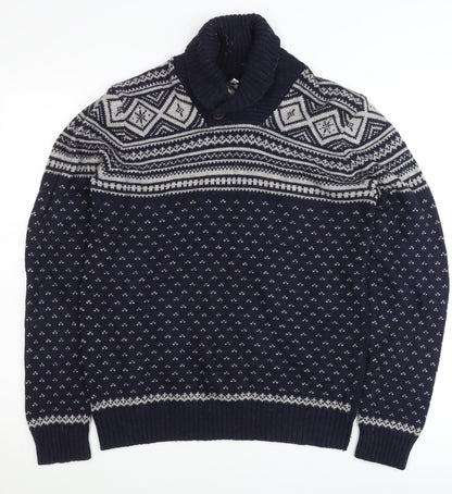 Burton Men's Blue Fair Isle Wool Blend Shawl Pullover Jumper M