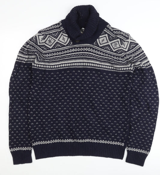 Burton Men's Blue Fair Isle Wool Blend Shawl Pullover Jumper M