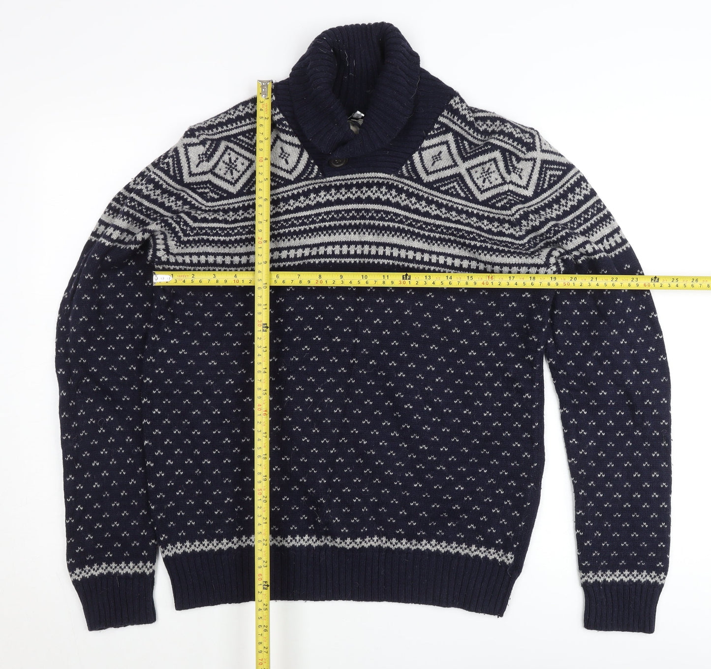 Burton Men's Blue Fair Isle Wool Blend Shawl Pullover Jumper M