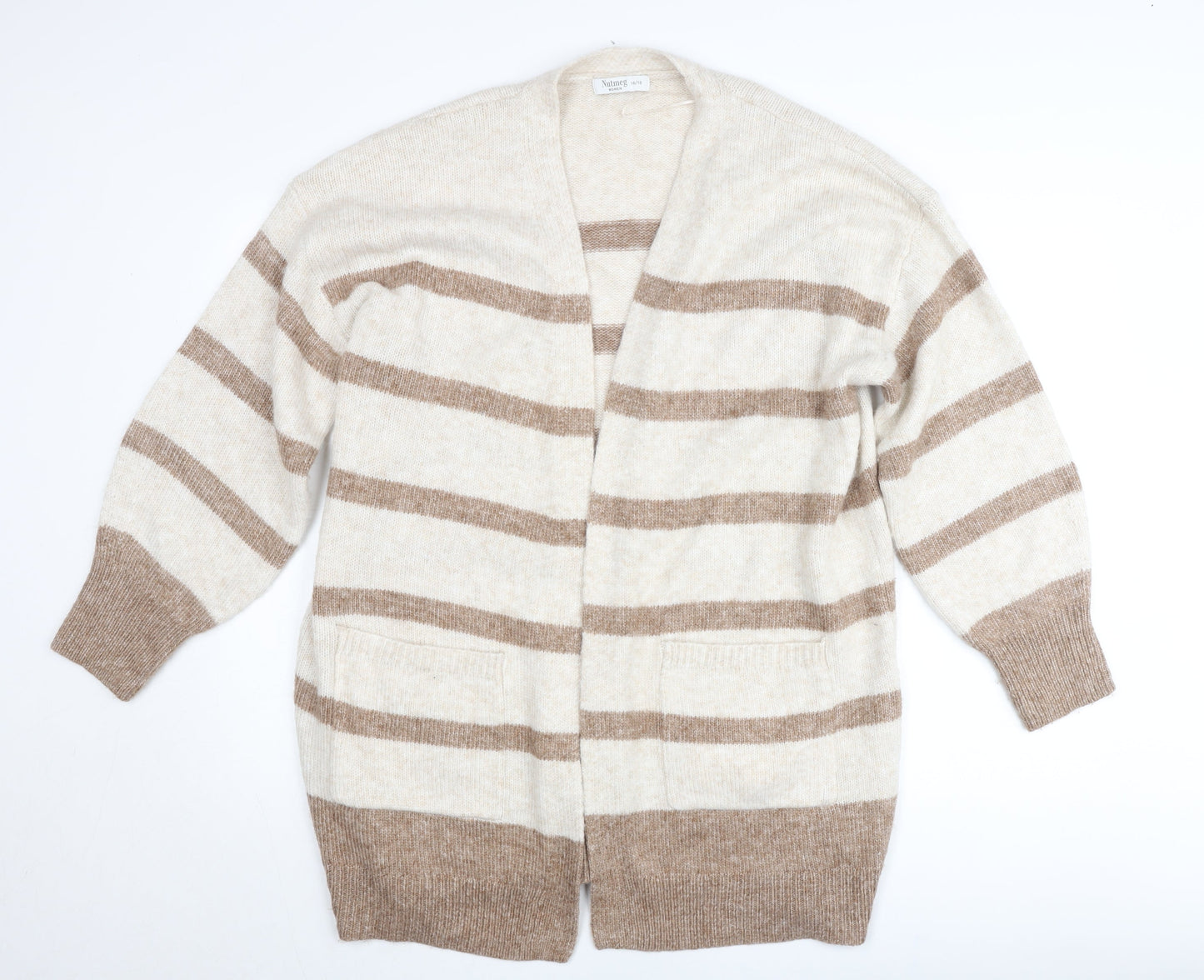 Nutmeg Women Beige Stripe Knit Cardigan Size 16 Plus Long Sleeve