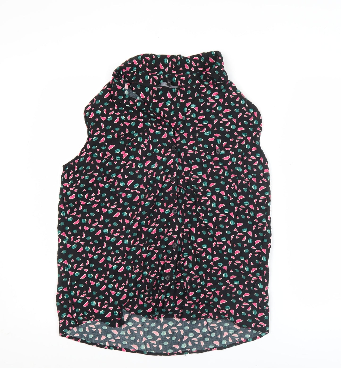 Next Women’s Black Fruit Print Sleeveless Viscose Blouse Size 14