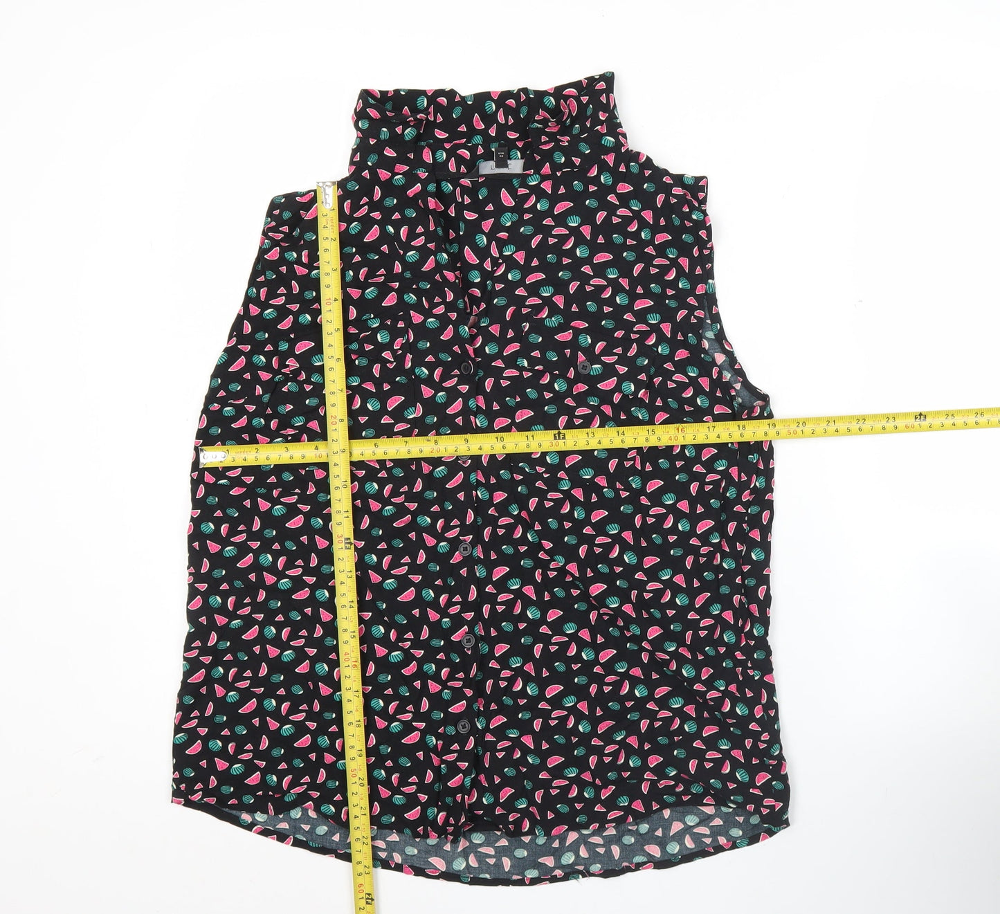 Next Women’s Black Fruit Print Sleeveless Viscose Blouse Size 14