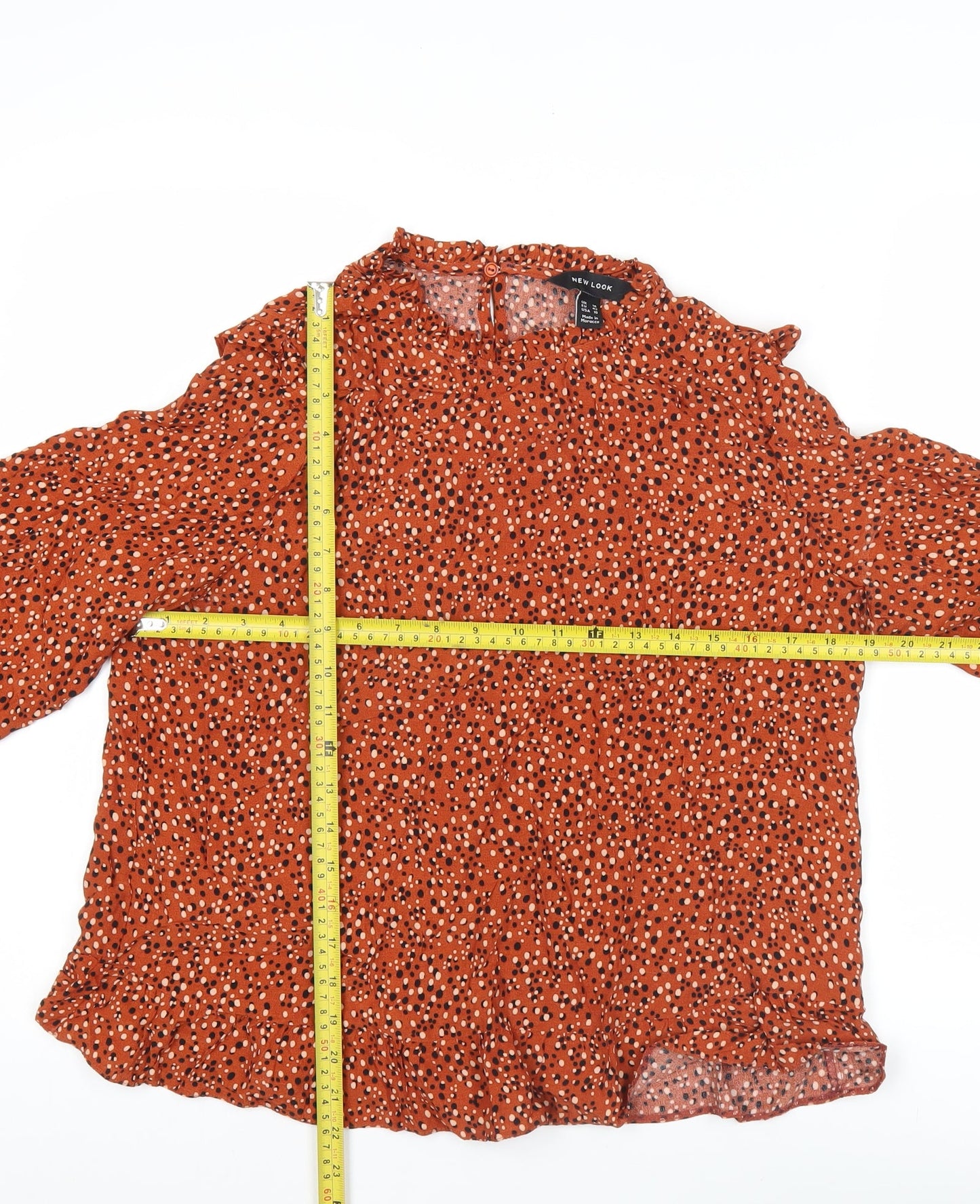 New Look Women’s Orange Polka Dot Ruffle High Neck Blouse Size 14