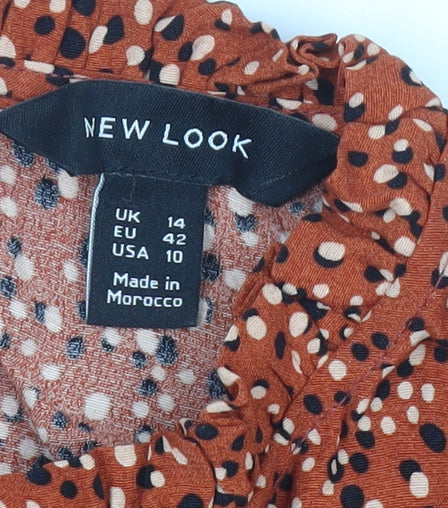 New Look Women’s Orange Polka Dot Ruffle High Neck Blouse Size 14