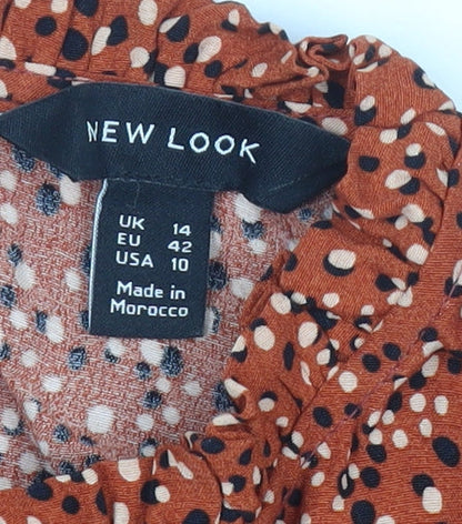 New Look Women’s Orange Polka Dot Ruffle High Neck Blouse Size 14