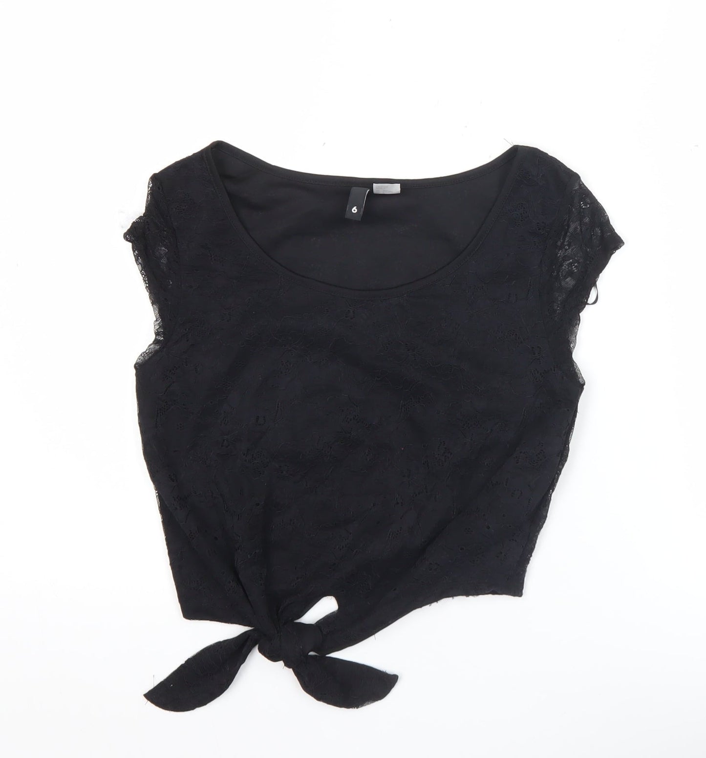 H&M Divided Women's Black Lace Crop Blouse Size 4 Sleeveless Tie Front