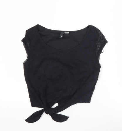 H&M Divided Women's Black Lace Crop Blouse Size 4 Sleeveless Tie Front