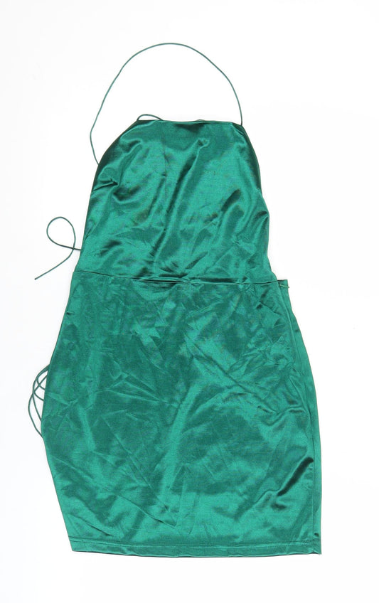 PrettyLittleThing Women Green Size 12 Satin Slip Halter Mini Dress