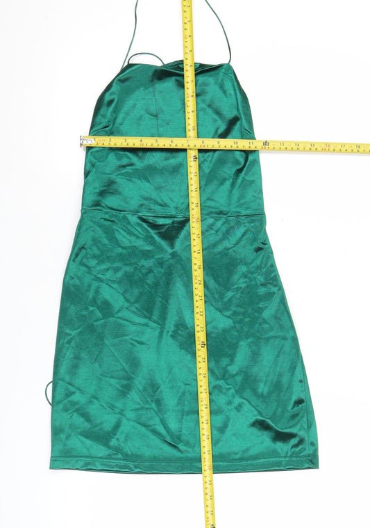 PrettyLittleThing Women Green Size 12 Satin Slip Halter Mini Dress