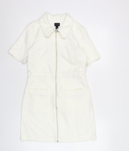 River Island Women White Shift Dress Size 6 Collared Zip Casual