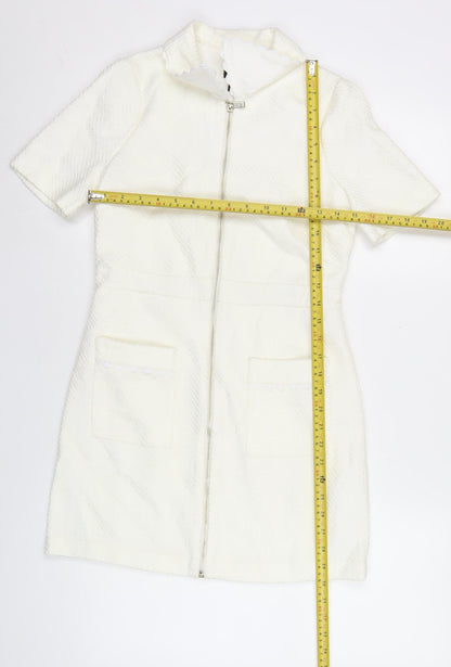 River Island Women White Shift Dress Size 6 Collared Zip Casual
