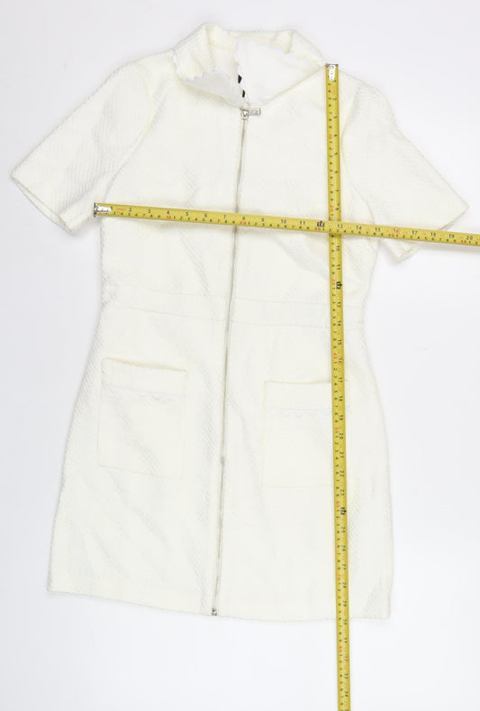 River Island Women White Shift Dress Size 6 Collared Zip Casual