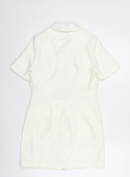 River Island Women White Shift Dress Size 6 Collared Zip Casual