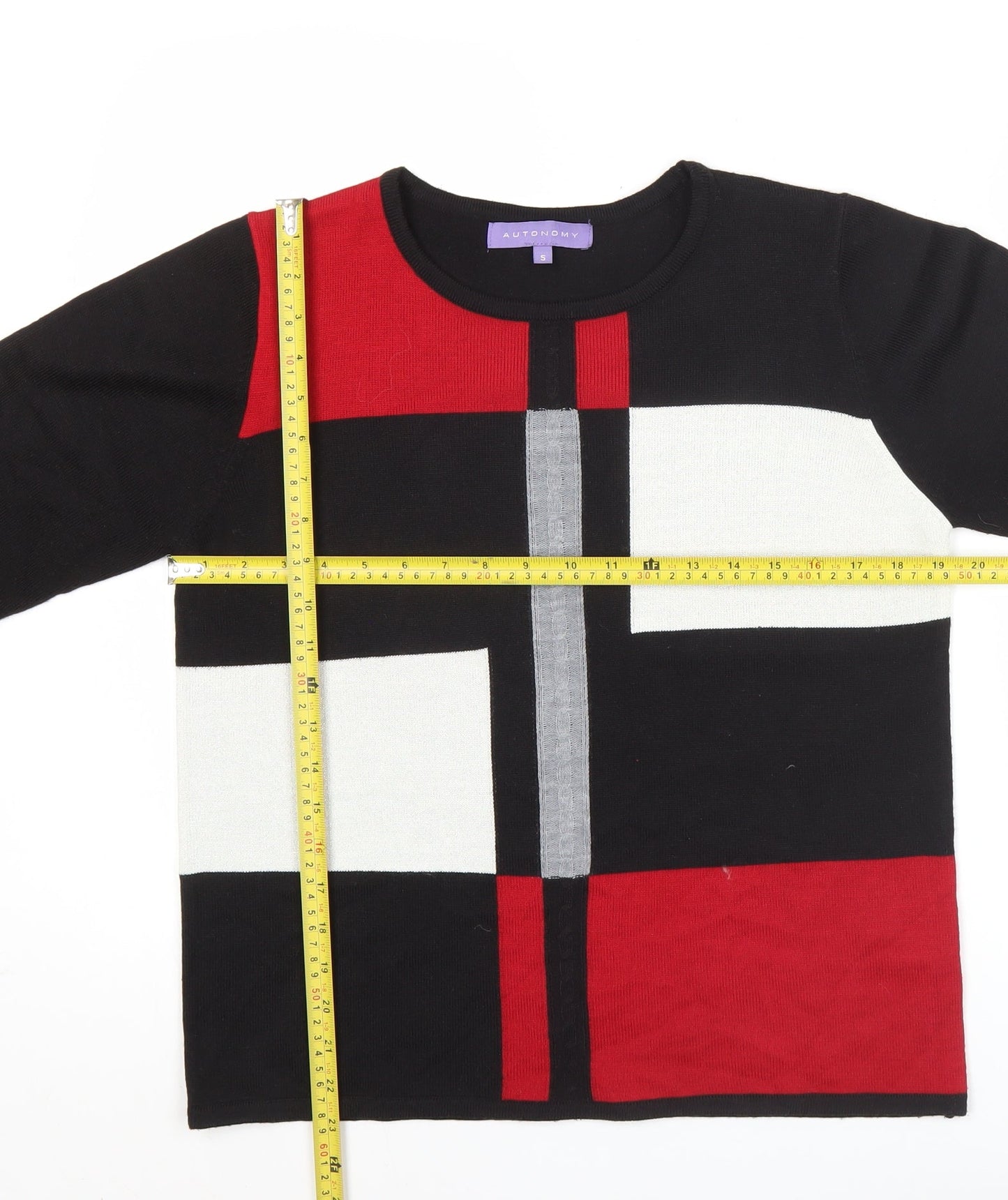 Autonomy Womens Black Red White Geometric Pullover Jumper Size S