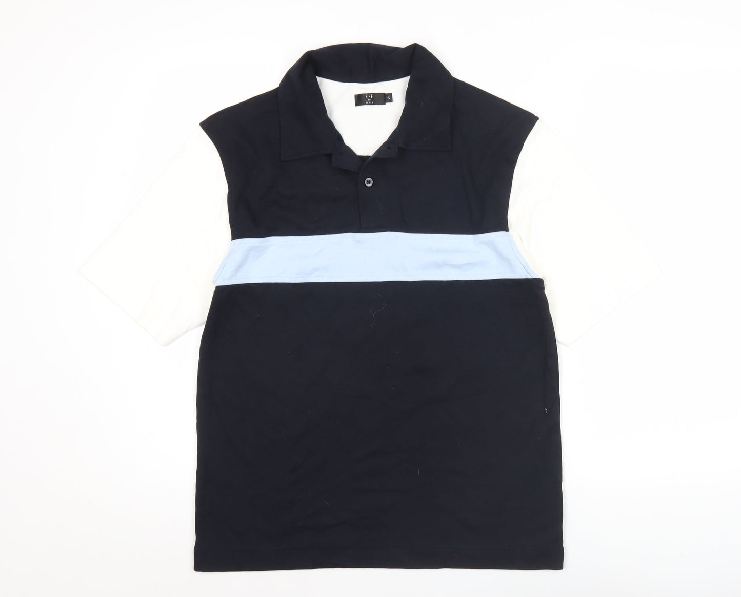 F&F Men’s Black White Blue Colourblock Polo Shirt Size S Cotton Modal
