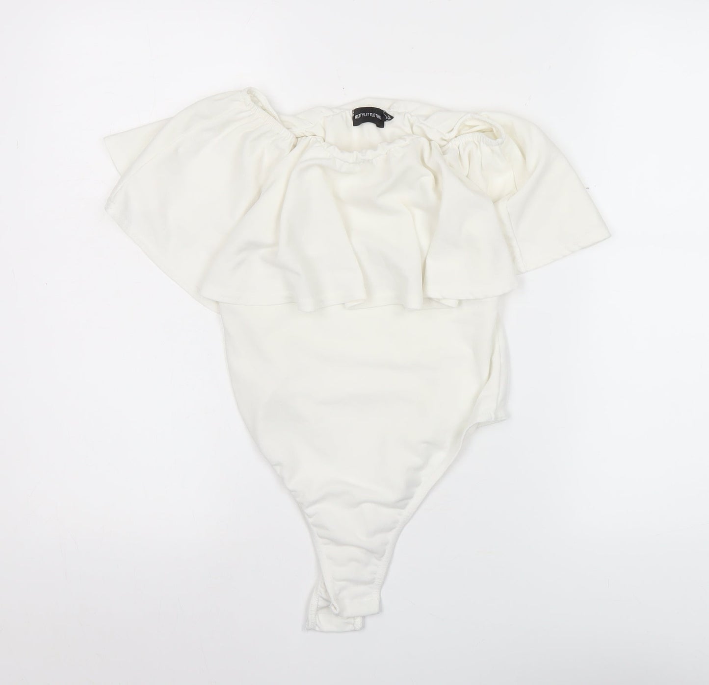 PrettyLittleThing Women White Size 8 Off Shoulder Ruffle Bodysuit Blouse