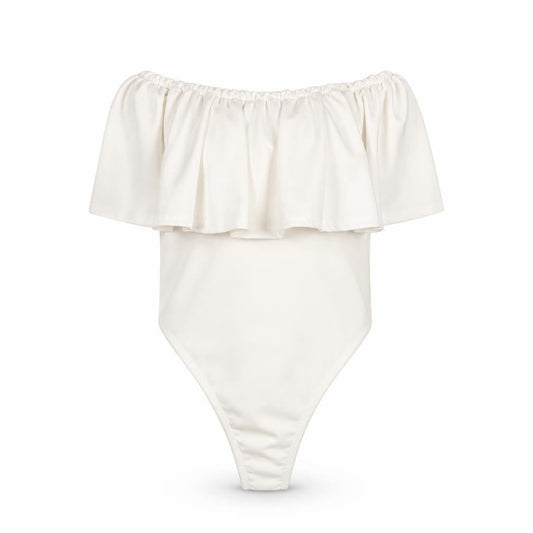 PrettyLittleThing Women White Size 8 Off Shoulder Ruffle Bodysuit Blouse