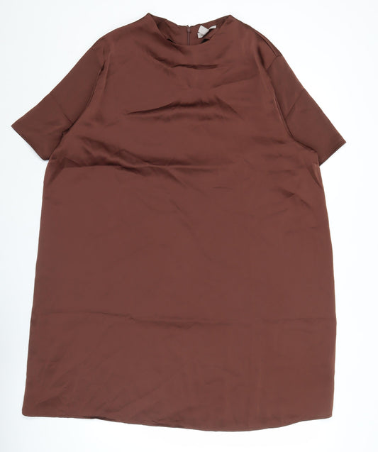 H&M Women Brown Shift Dress XL Half Sleeve High Neck Knee Length