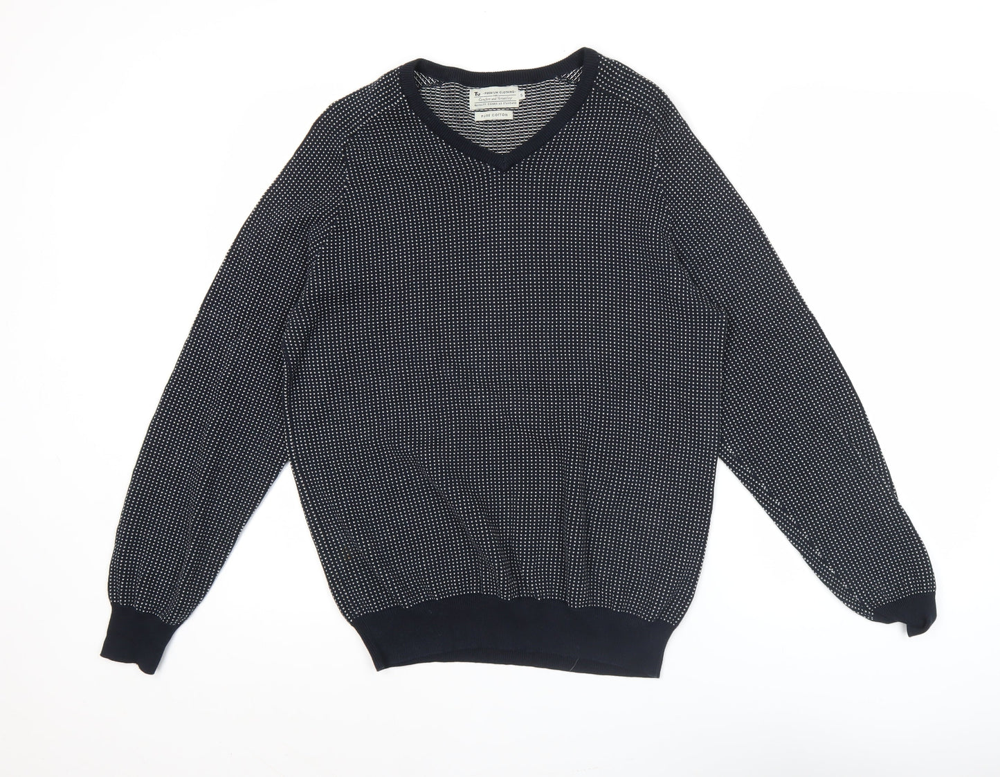 Tu Mens Blue Cotton V-Neck Geometric Knit Jumper Size S