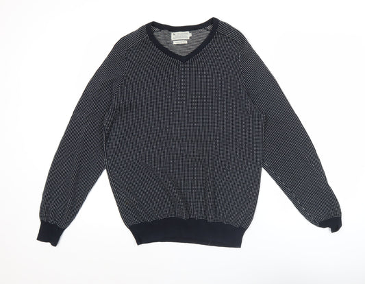 Tu Mens Blue Cotton V-Neck Geometric Knit Jumper Size S