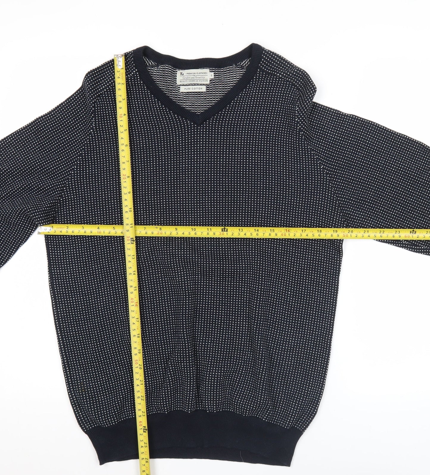 Tu Mens Blue Cotton V-Neck Geometric Knit Jumper Size S