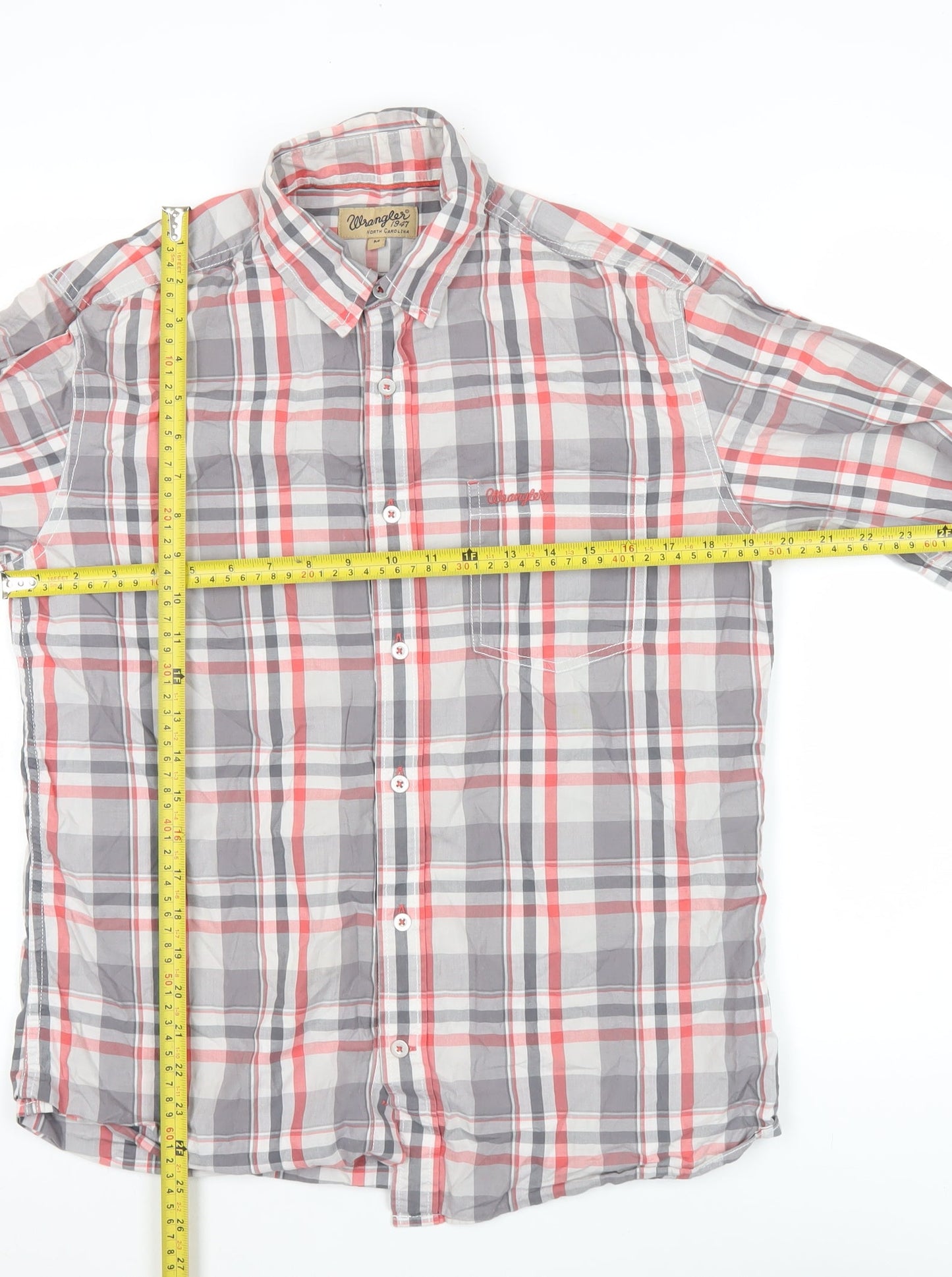 Wrangler Mens Red Grey Plaid Cotton Long Sleeve Button-Up Shirt M