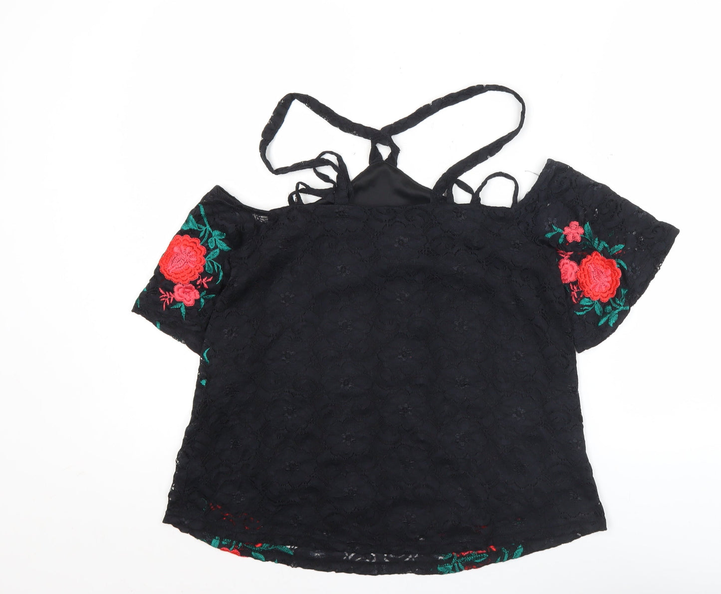 River Island Women’s Black Floral Lace Cold Shoulder Blouse Size 10