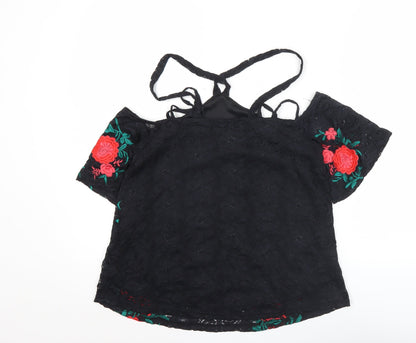 River Island Women’s Black Floral Lace Cold Shoulder Blouse Size 10