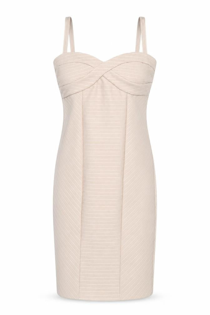 Front view of Miss Selfridge Women’s Beige Bodycon Mini Dress, size UK 10, Sleeveless