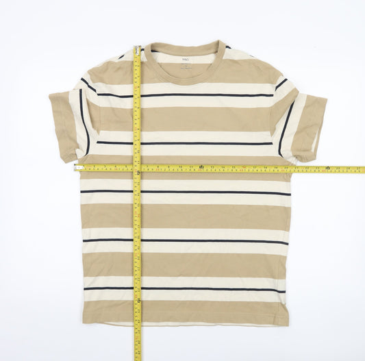 Marks and Spencer Men's Beige Striped Relaxed Fit T-Shirt M